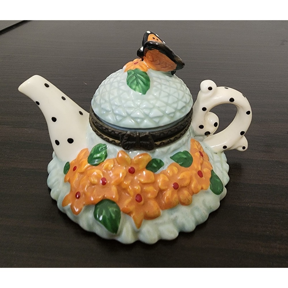 Teapot Butterfly Trinket Box Blue Porcelain Hinged Ring Pill treasure